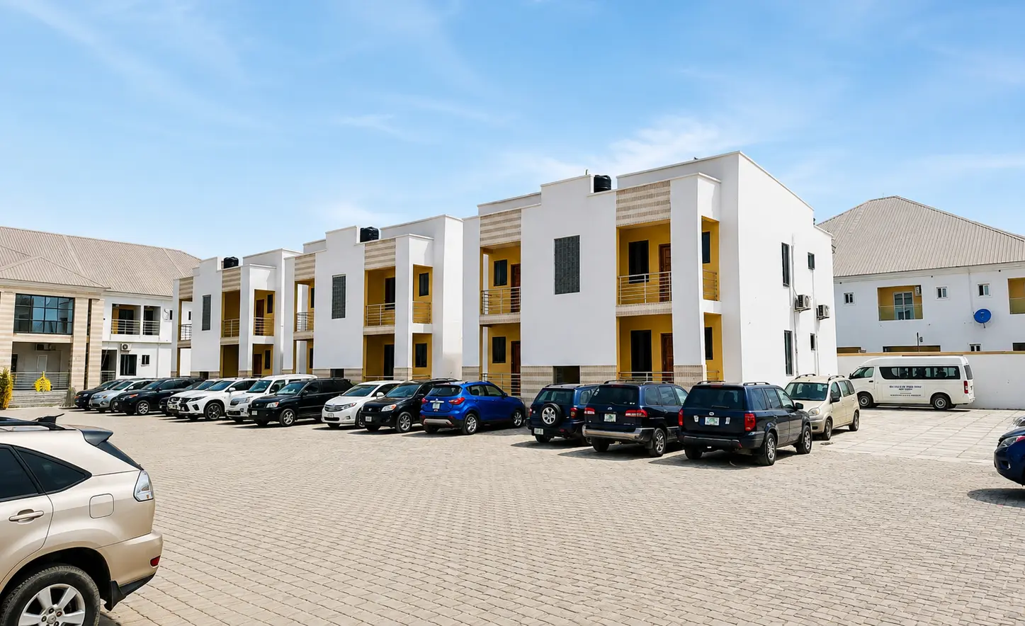 Two-storey guest accommodation blocks with guest parking
