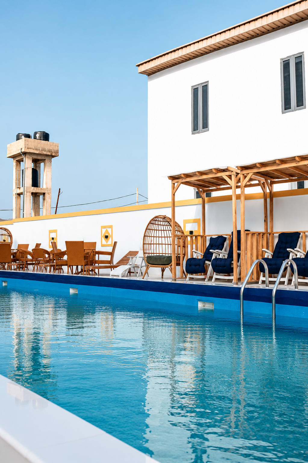 Poolside loungers, cabanas and hanging chairs beside the resort swimming pool