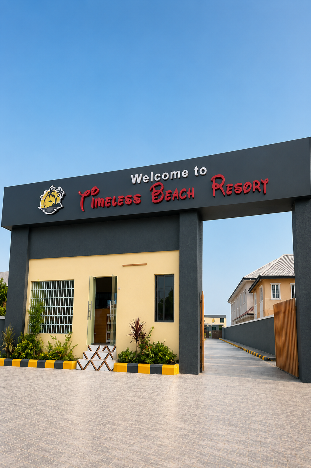 Entrance archway with the Welcome to Timeless Beach Resort sign above the gatehouse at Okun-Ajah, Lekki